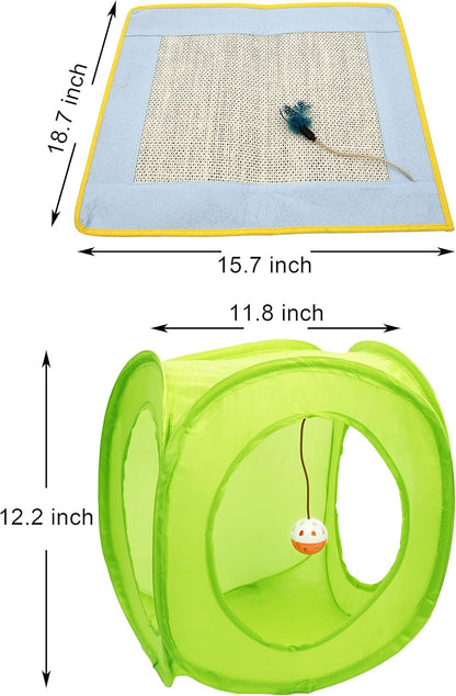 18 Cat Toys Kitten Toys Assortments, Cat Teaser Wand, Interactive Bell Toy, Sparkle Balls for Cat, Puppy, Kitty, Kitten (With Square Tunnel and Scratching Mat)