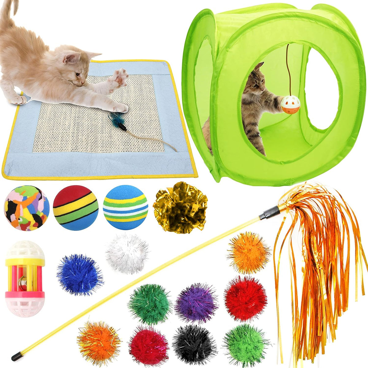 18 Cat Toys Kitten Toys Assortments, Cat Teaser Wand, Interactive Bell Toy, Sparkle Balls for Cat, Puppy, Kitty, Kitten (With Square Tunnel and Scratching Mat)