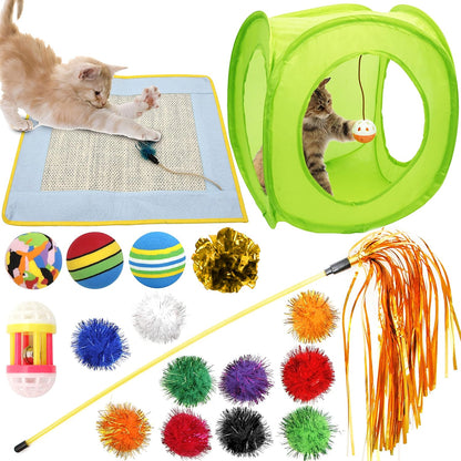 18 Cat Toys Kitten Toys Assortments, Cat Teaser Wand, Interactive Bell Toy, Sparkle Balls for Cat, Puppy, Kitty, Kitten (With Square Tunnel and Scratching Mat)